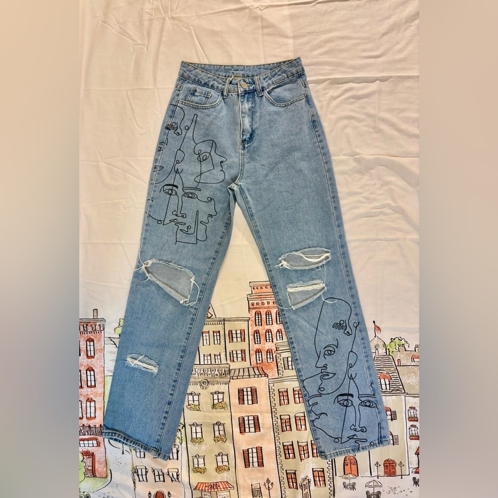 Artistic Blue Jeans with Face Line Art